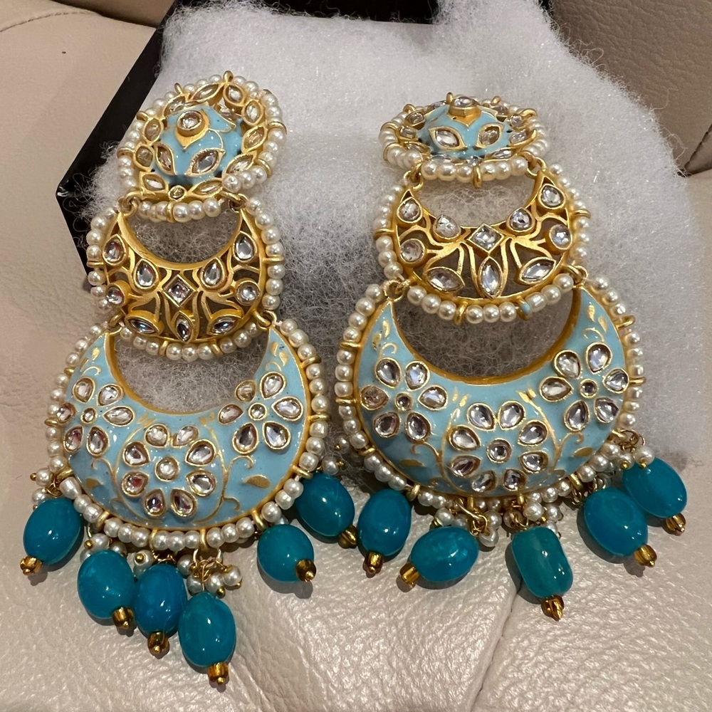 Beautiful Sky Blue Kundan Earrings in Matte Gold